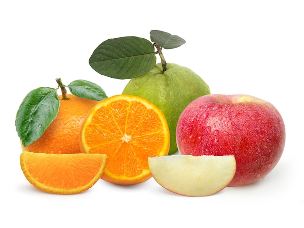 Oranges apples guava on a isolated on white background