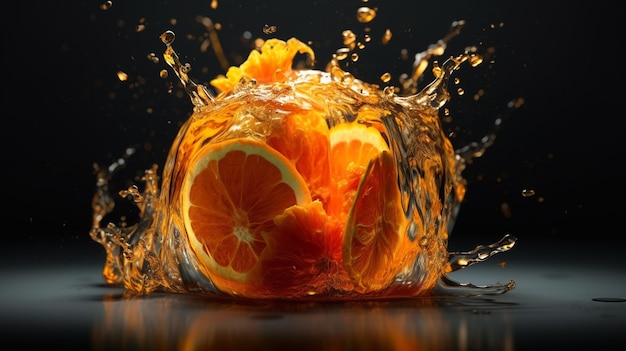 Oranges are being dropped into a glass.