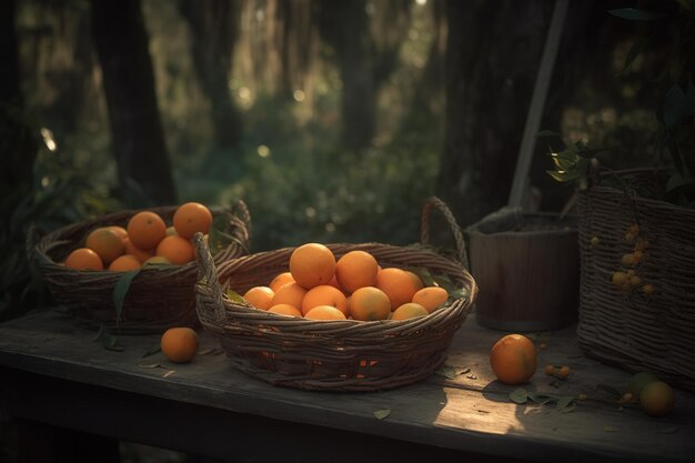 Oranges are displayed in two wicker baskets that are placed on a table