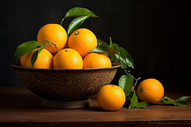 Oranges are among the oranges on the table.