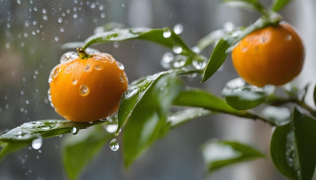 Photo oranges are on a plant with water drops