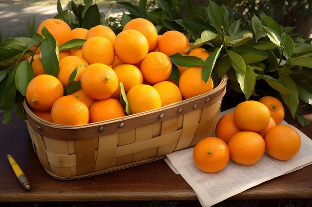 Photo oranges arranged in a basket with a handwritten recipe card