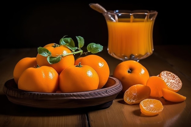 Oranges in a bowl with a glass of orange juice