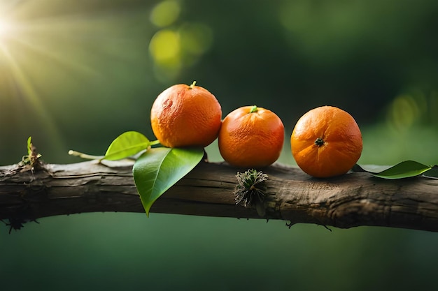 oranges on a branch with the sun behind them.