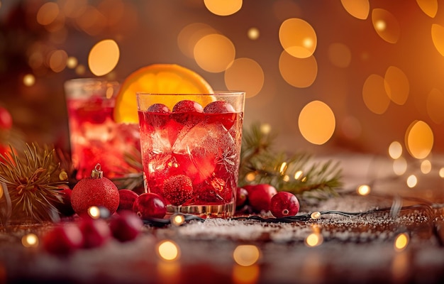 Photo oranges and cranberries in a red christmas cocktail