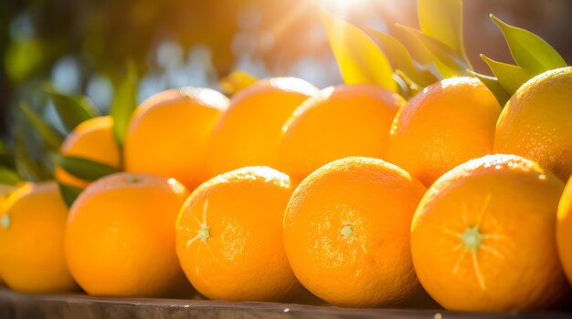 Oranges on display at a sunlit californian street food market