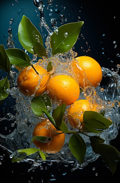 Oranges falling into the water with splash and air bubbles