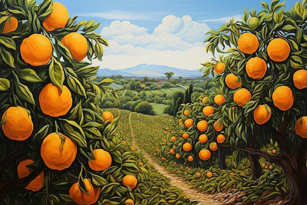 Oranges on a farm with a view of the mountains in the background.