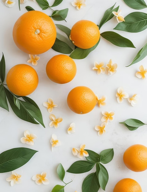 oranges and flowers on a white table with a white background