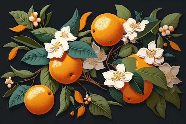 Oranges in full bloom on a tree bearing ripe fruit