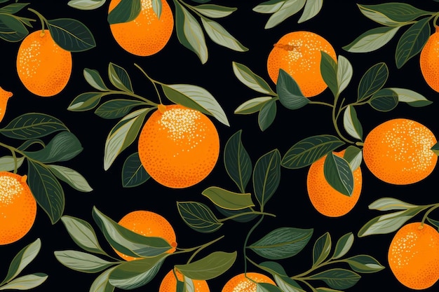 Oranges and green leaves on a black background.