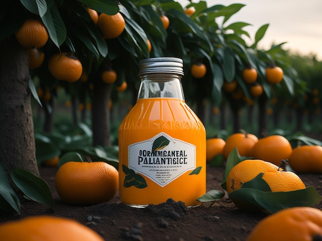 瓶の中のオレンジ ジュースと、薄暗い光がある茶色のテーブルの新鮮なオレンジの静物選択