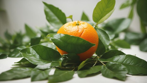 Photo oranges and leaves on white