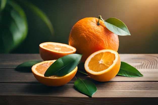 Oranges and leaves on a wooden table with a light shining through the leaves