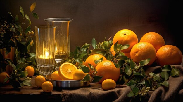 Oranges and lemons on a table with a dark background