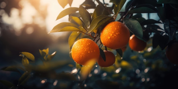 Oranges or mandarines on a tree in a plantation Ripe oranges clementine tangerine Orange harvest