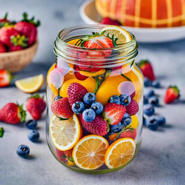 Oranges mangoes lemons strawberries grapes in a clear glass jar sitting on a cafeteria table