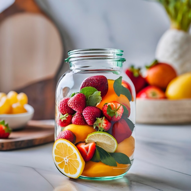 白いテーブルの上に座っている透明なガラスの瓶の中のオレンジ、マンゴー、レモン、イチゴ、ブドウ