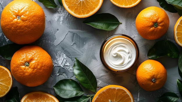 Oranges and moisturizer harmoniously arranged in an artistic display AI generated illustration