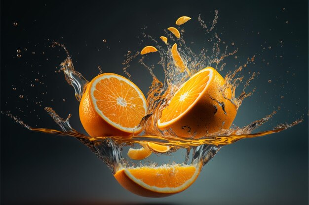 Oranges and orange slices falling into a water splash Generative Ai