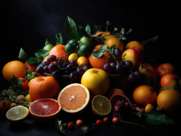 Oranges and other fruits are arranged on a dark generative ai