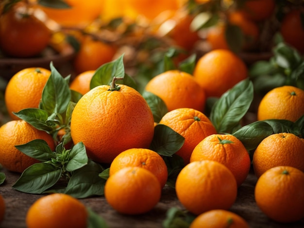 oranges on a table with leaves and leaves