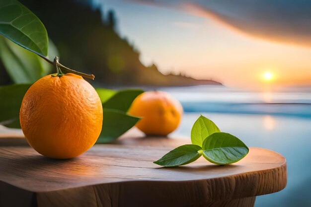 Oranges on a table with a sunset in the background