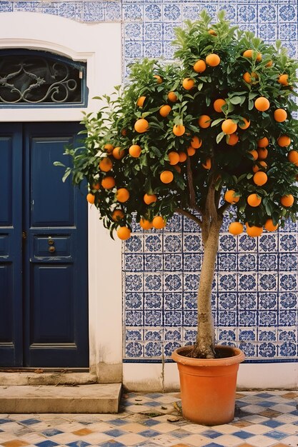 Oranges on a tree in front of a blue door in the old town of Chefchaouen Morocco