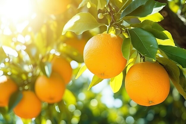 Photo oranges on tree and sunbeams