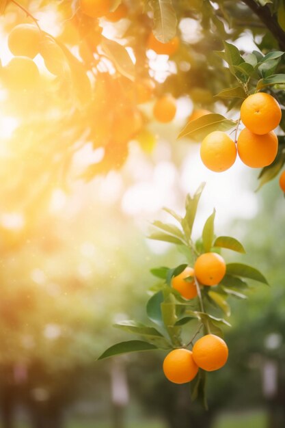 Oranges on a tree with the sun shining on it