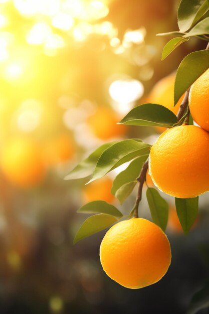 Oranges on a tree with sun shining on it