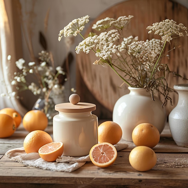 Oranges next to a vase and another jar