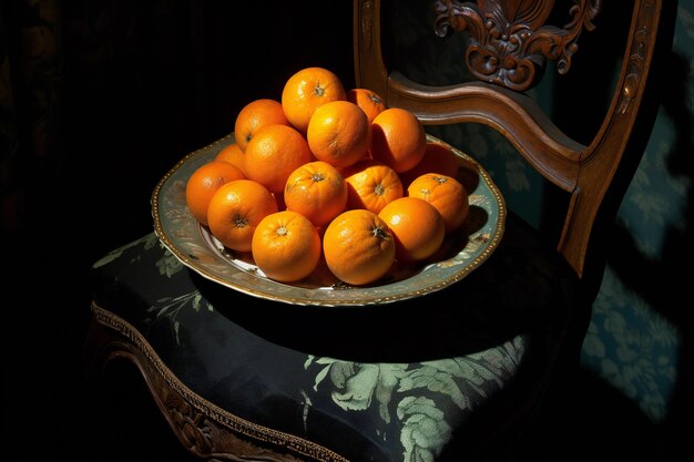 Oranges on a vintage chair Tangerines on a dark background