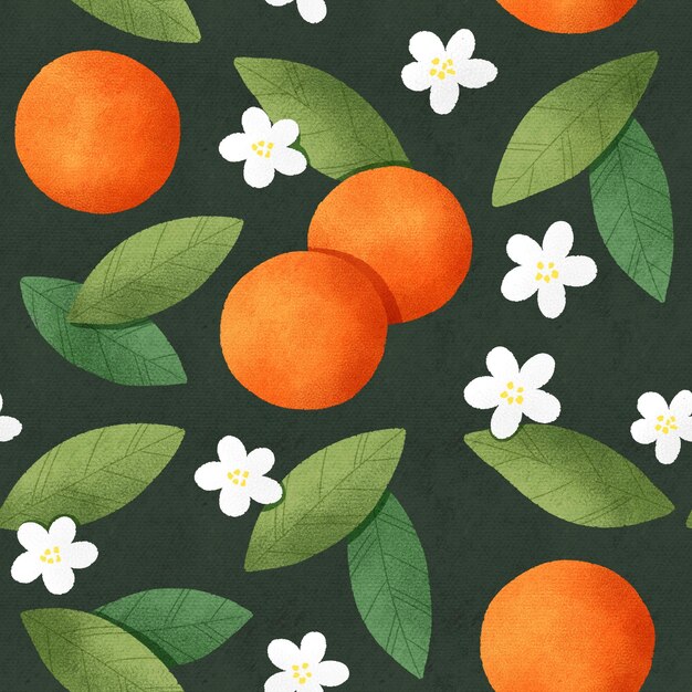 Oranges white flowers and green leaves seamless pattern on dark green background