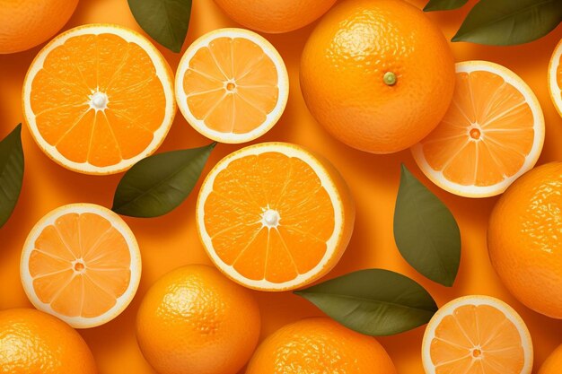 Oranges with green leaves and oranges on a yellow background.