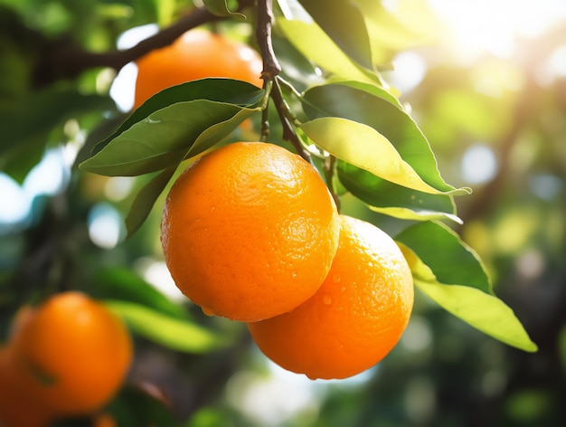 Oranges with leaves on branch closeup