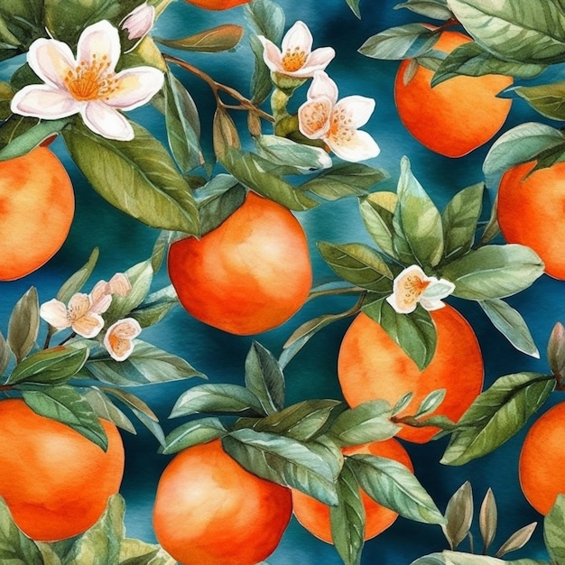 Oranges with leaves and flowers on a blue background