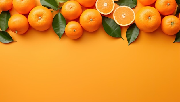 写真 オレンジ色の背景に葉を持つオレンジ フラット横たわっていた平面図