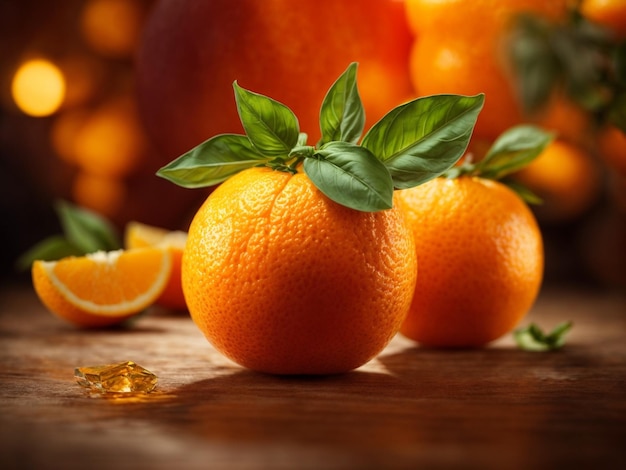 oranges with leaves on a wooden table and oranges