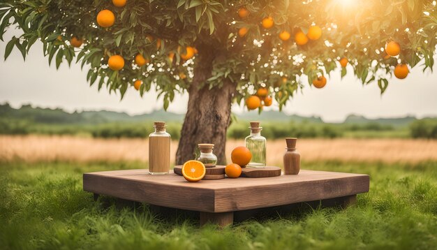 Photo oranges on a wooden table under a tree