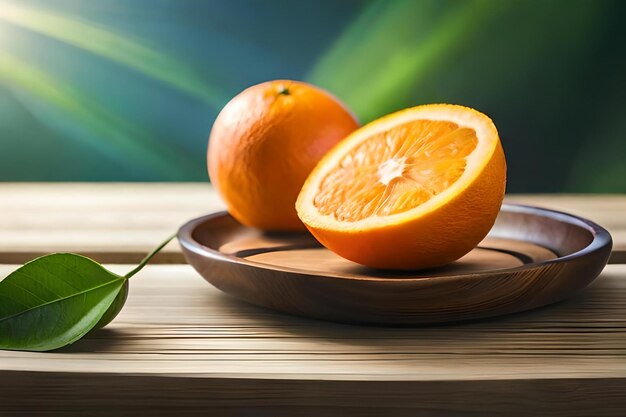 Oranges on a wooden table with a green background