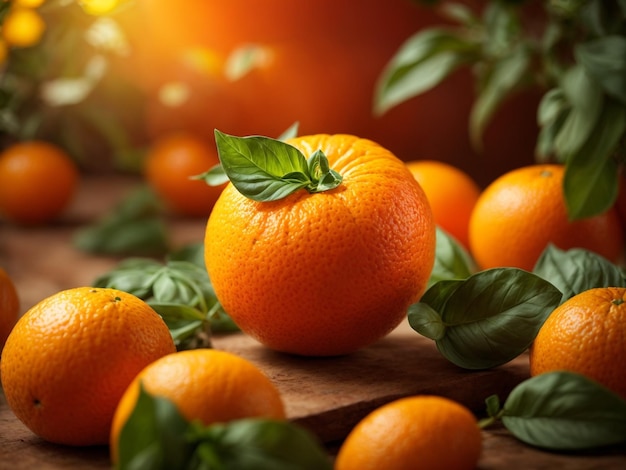 葉とオレンジの木製のテーブルにオレンジ