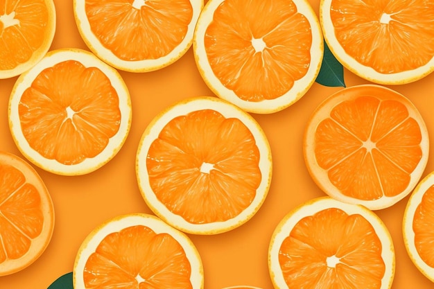 Oranges on a yellow background with a green leaf