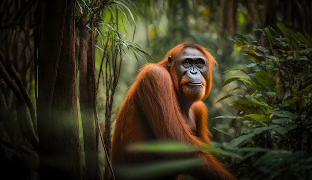 Orangoetan in een tropisch regenwoud beschermd gebied Borneo endemische primaten generatieve ai