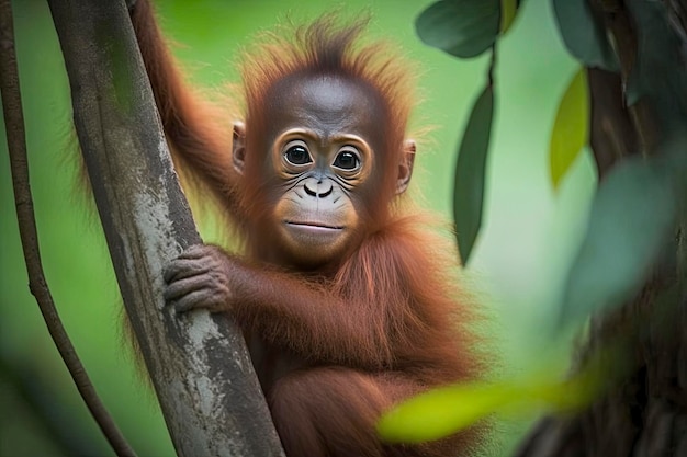 Orangutan in Borneo Indonesia An baby orangutan hangs in a tree