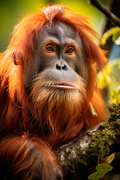 an orangutan in a forest tree with red hair and red beard