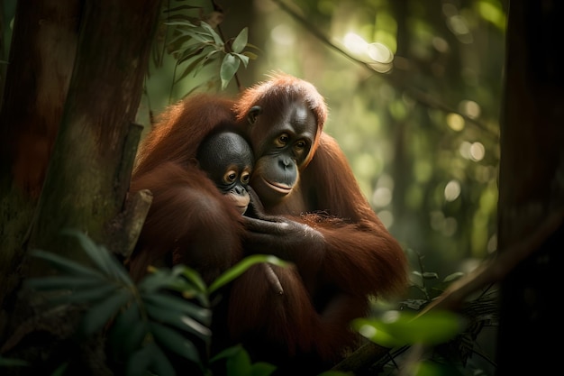 An orangutan and her baby in a jungle