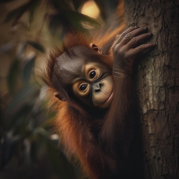 an orangutan is leaning on a tree