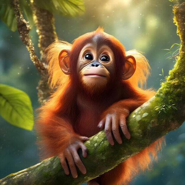 an orangutan is sitting in a tree with a green leafy background