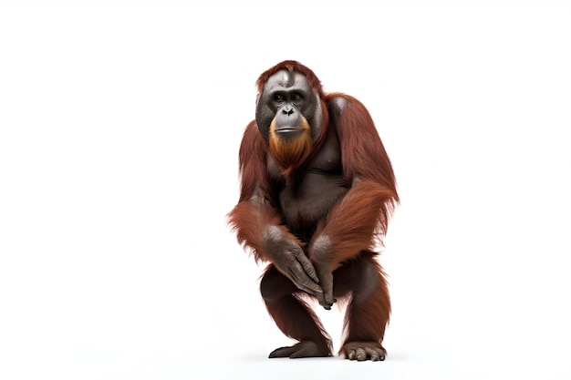 Photo a orangutan is standing on its hind legs and is looking down.